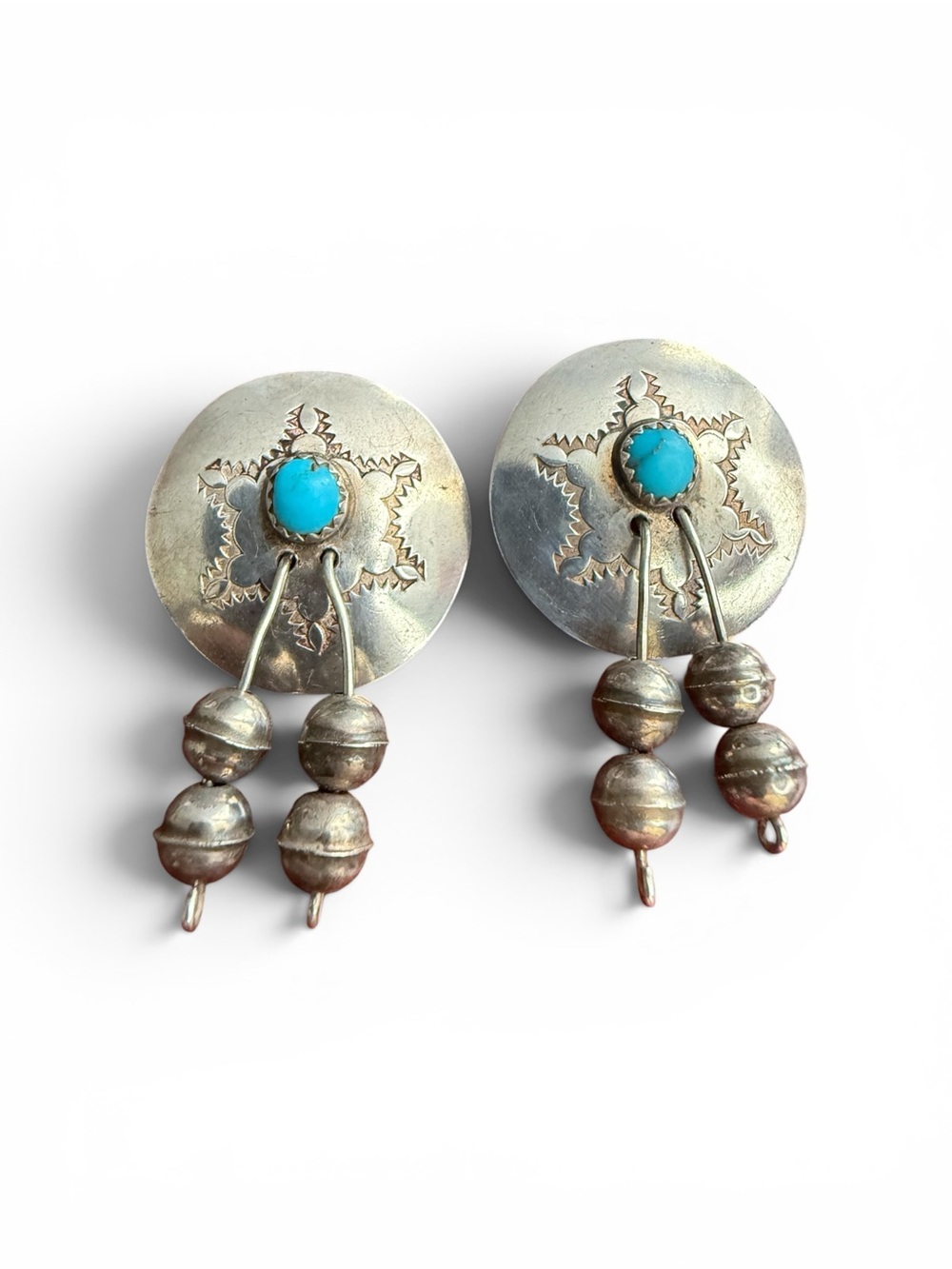 Vintage Native American Sterling Silver Turquoise Concho Dangle Earrings 6.72g